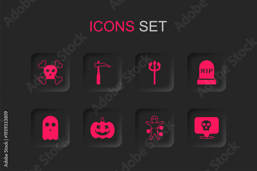 Set Pumpkin, Scythe, Skull on crossbones, Voodoo doll, Tombstone with RIP written, Trident devil and Ghost icon. Vector