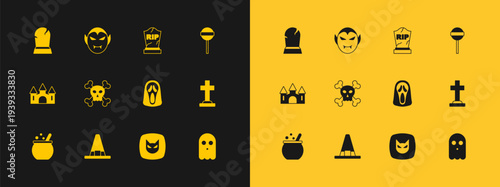 Set Lollipop, Witch hat, Funny and scary ghost mask, Black cat, Skull on crossbones, Tombstone with RIP written, and Vampire icon. Vector