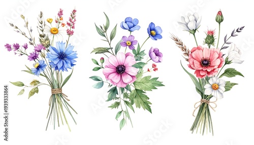 Watercolor bouquets vibrant wildflowers, poppies, cornflowers, & daisies tied with twine on a white background