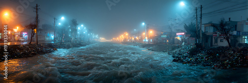 Flooding Street at Night: A dramatic night scene unfolds as floodwaters surge through a street, illuminated by the eerie glow of streetlights, creating an atmosphere of both danger and surreal beauty.