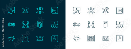 Set line Video with subtitles, Sound mixer controller, Fire exit, Prohibition no video recording, Rope barrier, No smoking, Cinema auditorium screen and alcohol icon. Vector