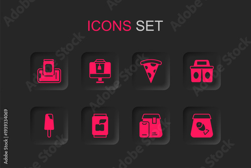 Set Soda can, Online ordering food, Food on mobile, Coffee cup to go, fish, Slice pizza and Ice cream icon. Vector