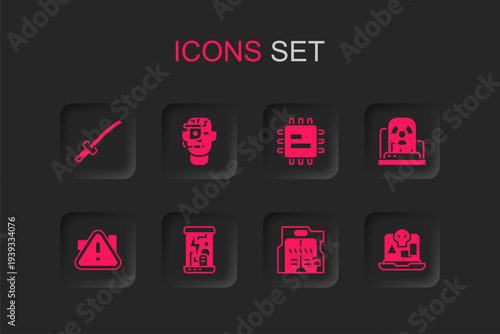 Set Cryogenic capsules, Smart glasses on spectacles, Katana, Futuristic sliding doors, Radioactive warning lamp, Internet piracy, Processor CPU and Exclamation mark triangle icon. Vector