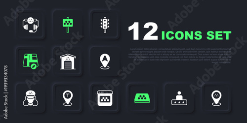 Set Taxi service rating, Location taxi car, Garage for, roof, Road sign stand and mobile app icon. Vector
