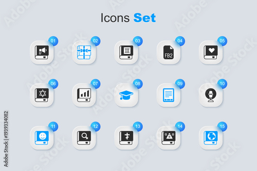 Set Ancient magic book, Financial, Book as gift, Earth globe and, Microphone, and Graduation cap icon. Vector