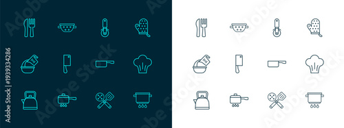 Set line Oven glove, Cooking pot on fire, Frying pan, Spatula, Meat chopper, Pizza knife, Crossed and fork and Kitchen colander icon. Vector