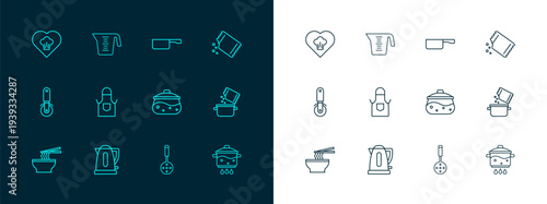 Set line Packet of pepper, Electric kettle, Cooking pot, Spatula, Kitchen apron, Frying pan, Chef hat and Measuring cup icon. Vector