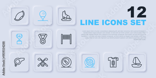 Set line Football jersey and t-shirt, Yacht sailboat, Medal, Car wheel, Award cup, Ice hockey sticks puck, Golf on tee and Billiard pool snooker icon. Vector