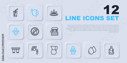 Set line Water drop, Big bottle with clean water, forbidden, Fire hydrant, filter cartridge, tap, and Jug glass icon. Vector