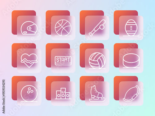 Set line American Football ball, Award over sports winner podium, Volleyball, Skates, Ribbon finishing line, Baseball bat with, Racing helmet and Basketball icon. Vector