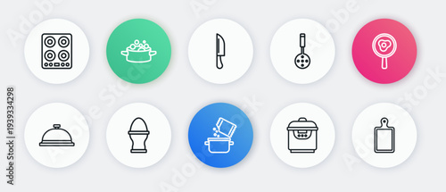 Set line Cooking pot and spice, Fried eggs on frying pan, Covered with tray of food, Slow cooker, Spatula, Knife, Cutting board and Chicken stand icon. Vector