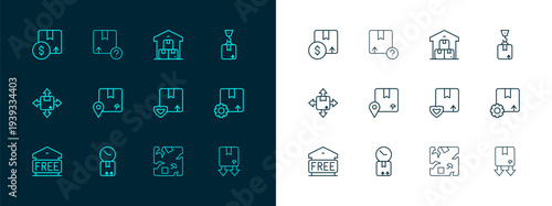Set line Crane with cardboard box, Cardboard clock, Delivery security shield, Broken, Location, Full warehouse, Carton and icon. Vector