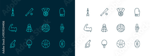 Set line Boxing glove, Racket, Volleyball ball, Basketball, Badminton shuttlecock, Medal, Dart arrow and Baseball bat with icon. Vector