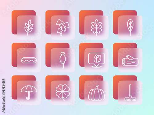 Set line Leaf, Four leaf clover, Location with, Pumpkin, Opium poppy, and Mushroom icon. Vector