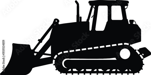 Minimal vector silhouette, bulldozer construction vehicle with front blade, solid black, isolated on white background