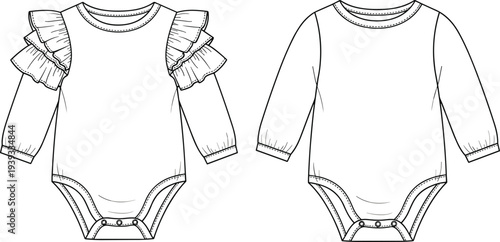 Baby bodysuit fashion sketches, long sleeve design, ruffle shoulder outline, classic infant clothing figure, garment illustration, technical apparel art