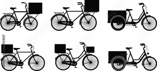 Collection of cargo bicycle and tricycle silhouettes, black artwork with transport boxes, delivery vehicle design, urban cycling illustration