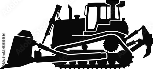 Minimal vector silhouette, bulldozer construction vehicle with front blade, solid black, isolated on white background
