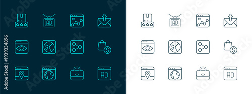 Set line Mail and e-mail, Worldwide, Share, Briefcase, Market analysis, Consumer product rating and Advertising icon. Vector