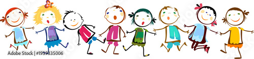 Cute Cartoon Diverse Kids Holding Hands in a Row — Happy Colorful Children Friends Group Illustration on Transparent Background