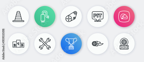 Set line Award cup, Racing helmet, over sports winner podium, Wheel fire flame, Pit stop, Timing belt kit, Car tire wheel and Wrench spanner icon. Vector