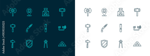 Set line Sledgehammer, Shield, Rasp metal file, Blacksmith pliers tool, Welding torch, oven, Medieval poleaxe and Horseshoe icon. Vector