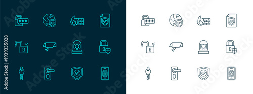 Set line Contract with shield, Fingerprint door lock, Ringing alarm bell, Shield check mark, Security camera, Firewall, security wall, Cyber and world globe icon. Vector