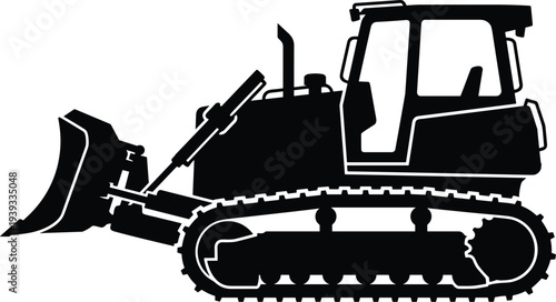 Minimal vector silhouette, bulldozer construction vehicle with front blade, solid black, isolated on white background