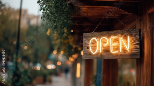 Neon open sign on wooden board hangs outside a store, indicating welcoming business hours. Small business branding and advertising concept.
