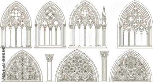 Gothic architectural silhouettes, ornate window tracery, pointed arch design, clustered column outline, quatrefoil motif figure, historic cathedral illustration art