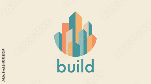 This logo emphasizes geometric skyscrapers styled in pastel colors, symbolizing growth, development, and urban construction, blending modern architecture with an artistic touch.