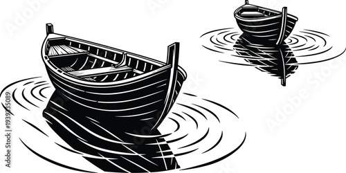 Wooden rowboat silhouettes, nautical water scene, rustic boat outline, ripple reflection design, maritime illustration, black serene transport figure