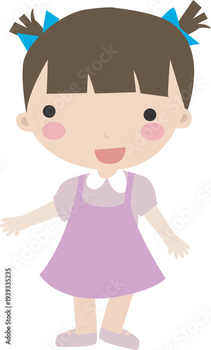 Cute Cartoon Little Girl in Purple Pinafore Dress with Blue Bow Pigtails — Happy Smiling Child Character Illustration on Transparent Background