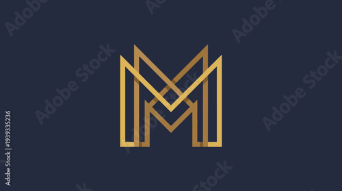 The image showcases a stylized 'M' logo design with a geometric pattern in gold, perfect for representing luxury, elegance, and modern branding in various industries.