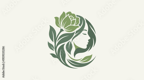 This logo features a graceful female silhouette intertwined with leaves and a flower, embodying beauty, nature, and a harmonious connection between femininity and the natural world.