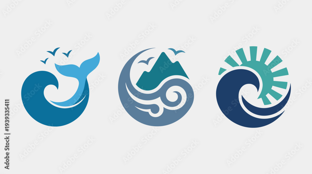 Naklejka premium A trio of stylized ocean-themed icons depicting waves, mountains, and marine life, showcasing the beauty of nature and its elements in an artistic and modern design theme.
