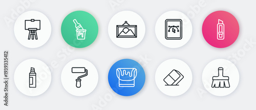 Set line Paint bucket, Stationery knife, Marker pen, Eraser or rubber, Computer with design program, Picture landscape, brush and roller icon. Vector