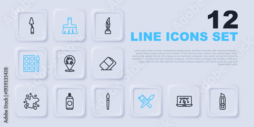 Set line Computer with design program, Stationery knife, Paint spray, brush, Watercolor paints box, can, and icon. Vector