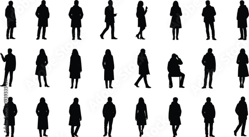 Collection of black silhouettes of men and women wearing winter coats and jackets walking and standing in various poses
