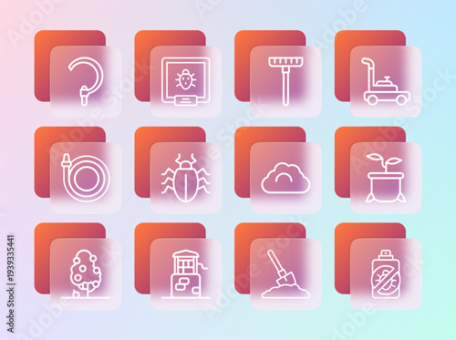 Set line Lawn mower, Well, Cloudy weather, Shovel in ground, Colorado beetle, Garden rake, Sickle and icon. Vector