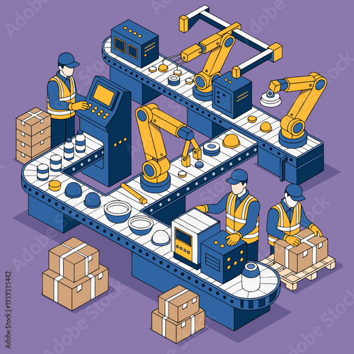 Automated factory production line with robotic arms and workers overseeing the process