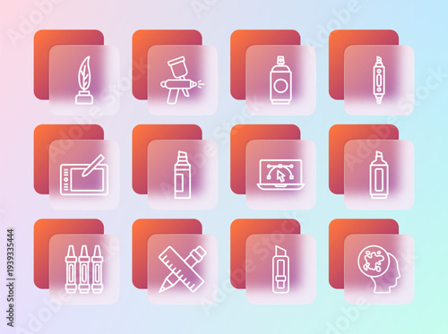 Set line Marker pen, Crossed ruler and pencil, Computer with design program, Stationery knife, Paint spray can, Feather inkwell and gun icon. Vector