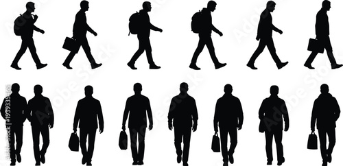 Collection of black silhouettes of professional men in suits and casual clothes walking and standing with backpacks and briefcases
