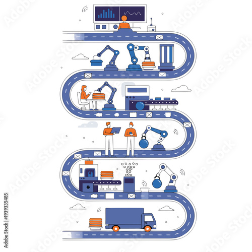 Automated manufacturing process with robotic arms on a conveyor belt