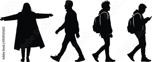 Full length black silhouettes of people walking and standing in casual clothes including students with backpacks isolated on white background