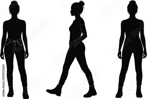 Full length black silhouettes of a young woman in t-shirt and jeans walking and standing in different angles and poses