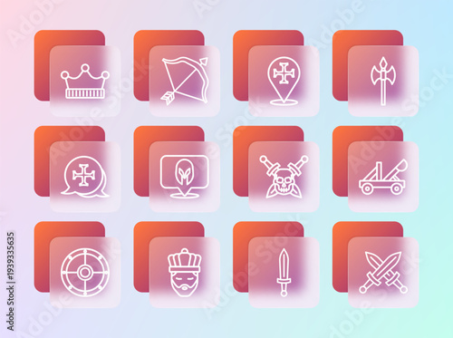 Set line Medieval axe, King with crown, Skull sword, helmet, Crusade, and bow and arrow icon. Vector