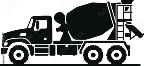 Minimal vector silhouette, cement mixer truck side view, construction vehicle icon, solid black, isolated on white background.