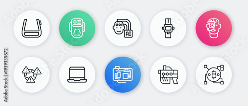 Set line Motherboard, Smart glasses on spectacles, Earth with exclamation mark, Futuristic weapon, Wrist watch, Humanoid robot, Blockchain technology Bitcoin and Laptop icon. Vector