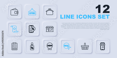 Set line Shopping basket, Online shopping on phone, Percent discount, Buy button, Paper check and financial check, Discount percent tag, Hanging sign with text Open and Price New icon. Vector